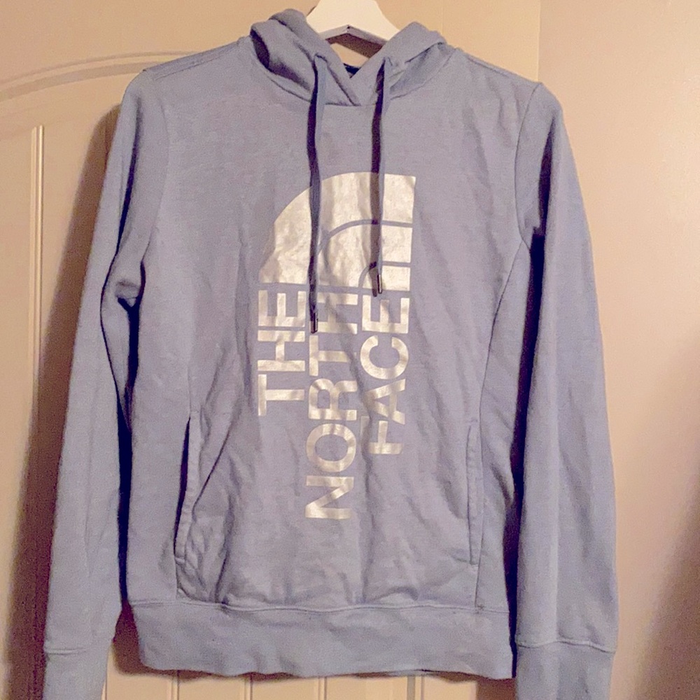 Women’s Northface hoodie, light blue and silver